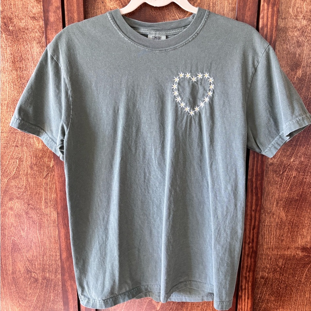 Comfort Colors Sage Green Tee with Floral Embroidery